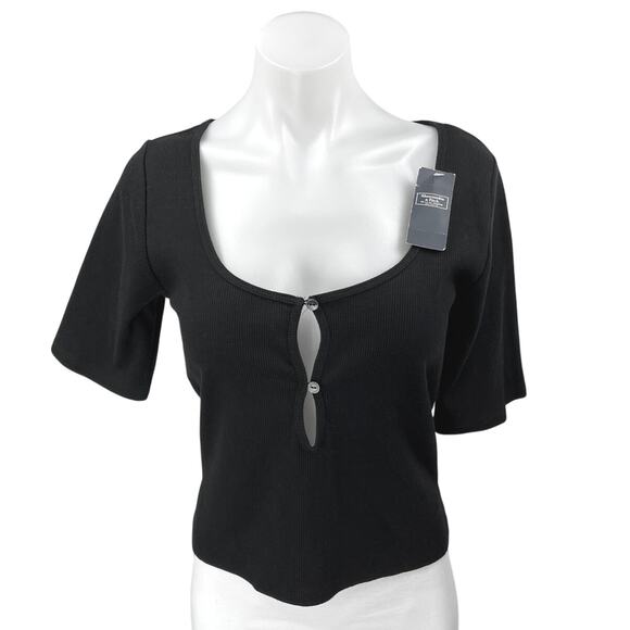 NEW Abercrombie & Fitch Black Rib Knit Short Sleeve Cutout Crop Blouse Top Sz L - Picture 1 of 5